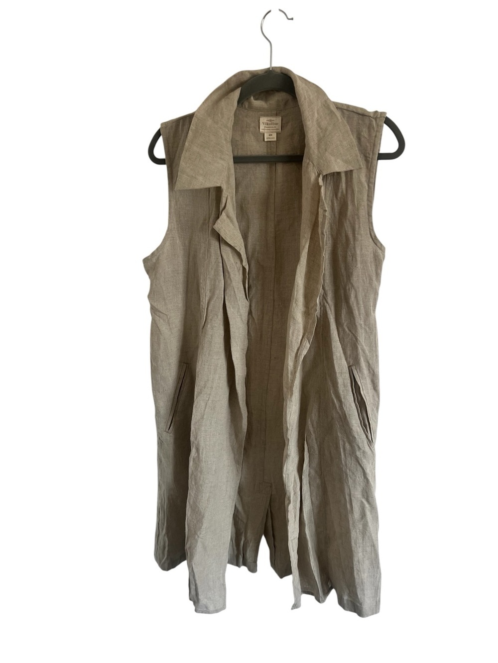 Vikolino Sleeveless Open Front Linen Duster Vest in Taupe, size S/M